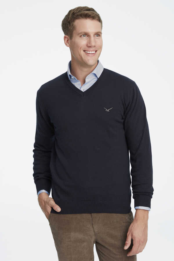 Navy Blue 100% Cotton V-Neck Sweater - 1