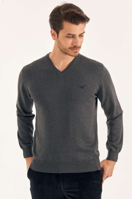 Dark Grey 100% Cotton V-Neck Sweater - 2