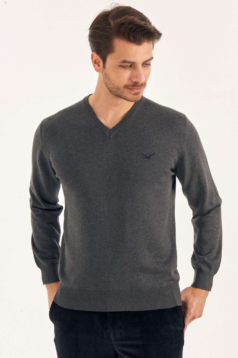 Dark Grey 100% Cotton V-Neck Sweater - 2