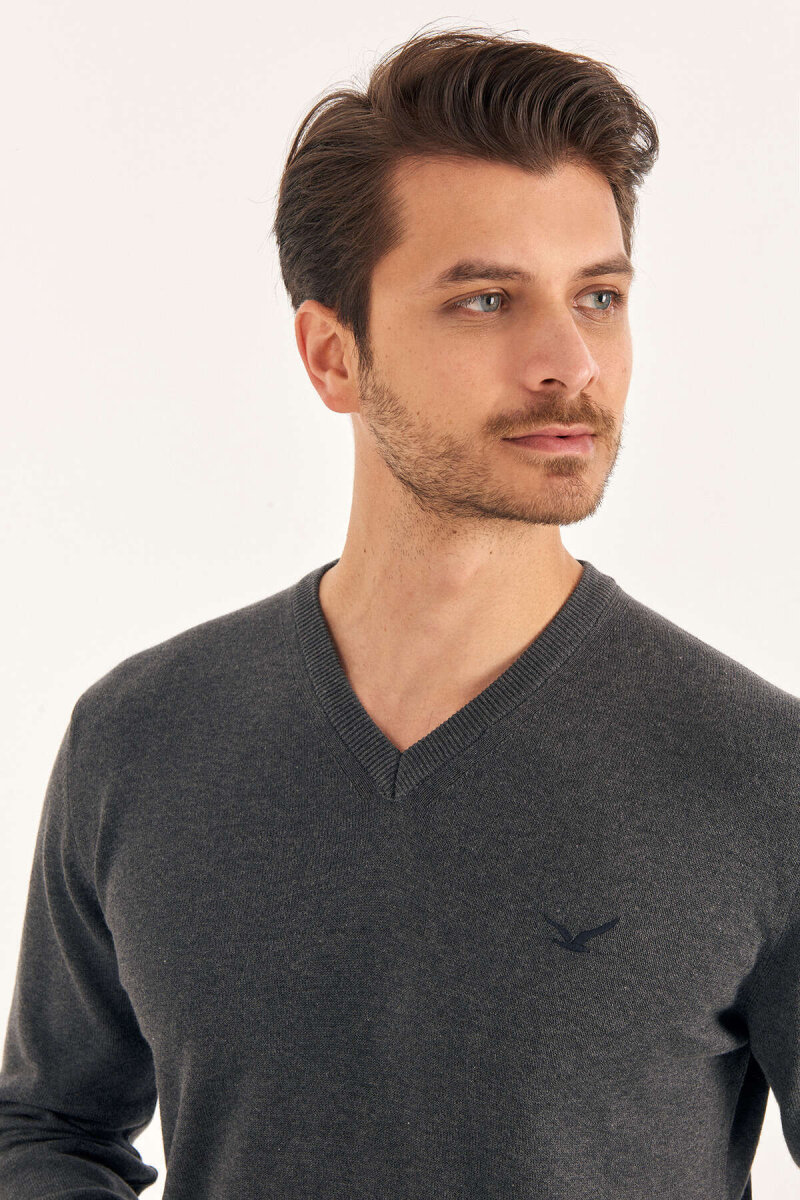 Dark Grey 100% Cotton V-Neck Sweater - 3
