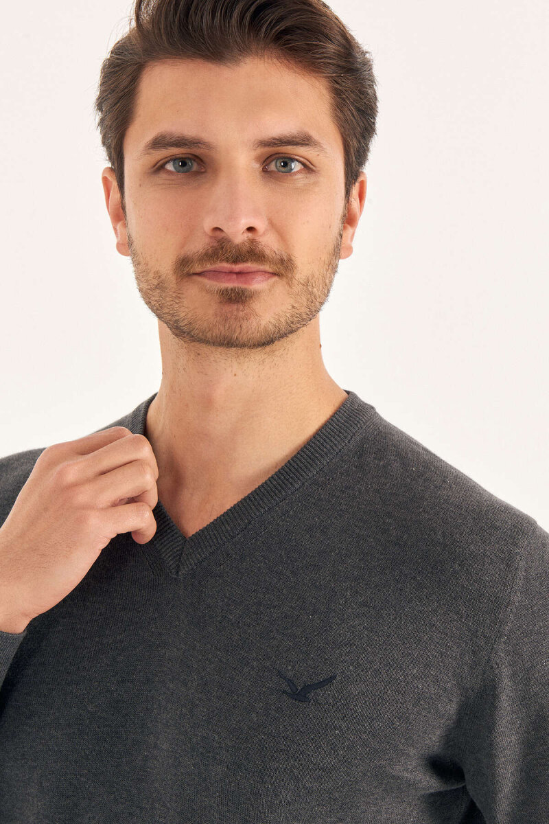 Dark Grey 100% Cotton V-Neck Sweater - 4