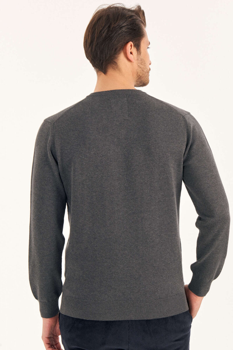 Dark Grey 100% Cotton V-Neck Sweater - 5