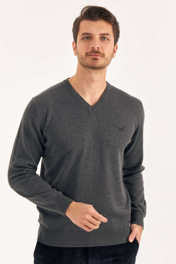 Dark Grey 100% Cotton V-Neck Sweater - 1