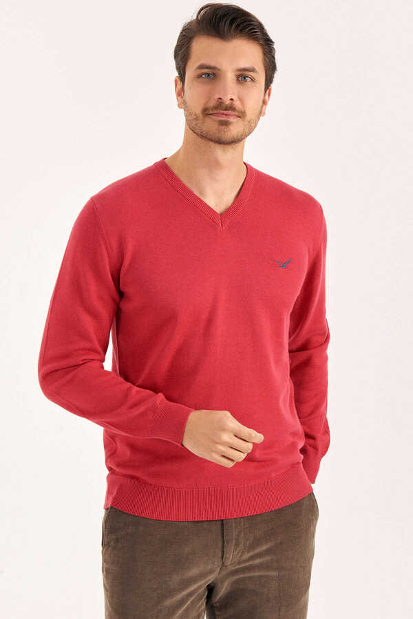 Fuşya %100 Pamuk V Yaka Kazak