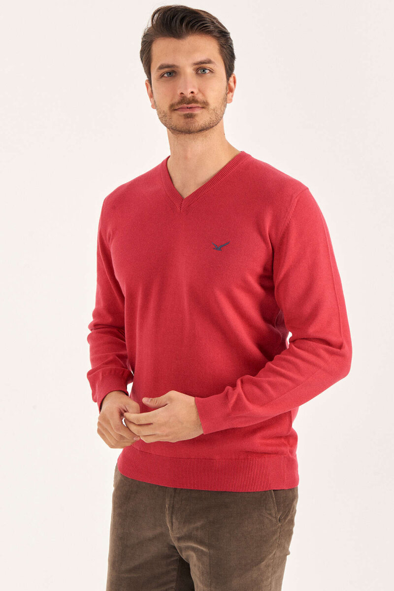 Fuşya %100 Pamuk V Yaka Kazak - 2