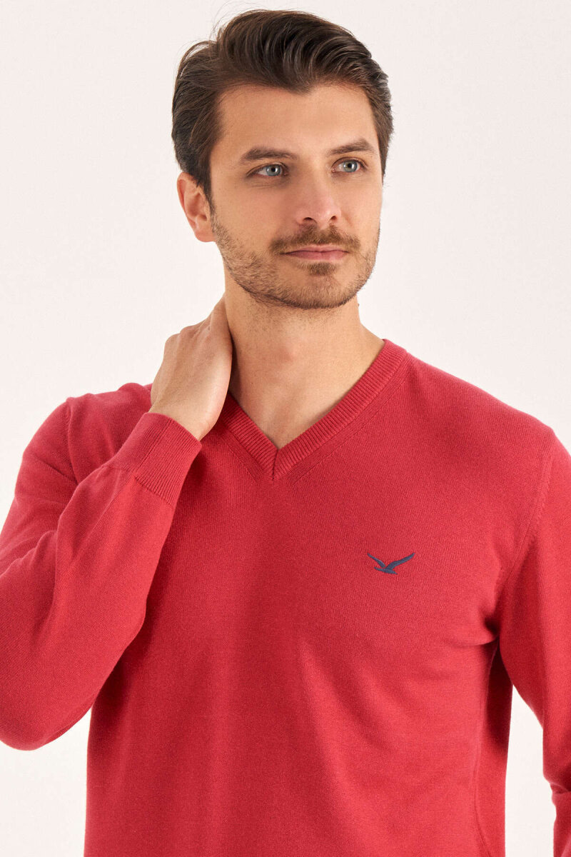 Fuşya %100 Pamuk V Yaka Kazak - 3