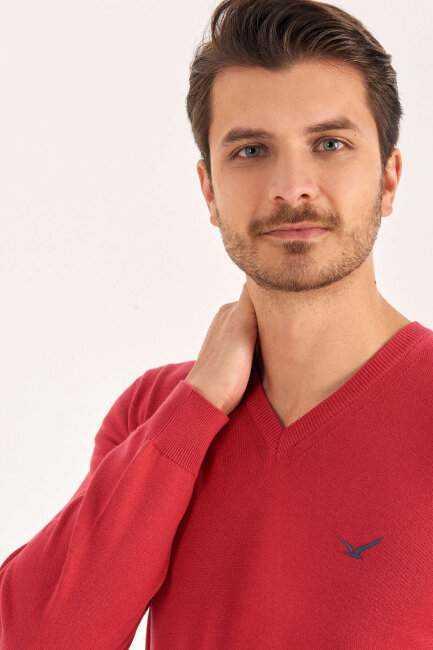 Fuşya %100 Pamuk V Yaka Kazak - 4