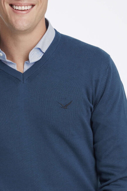 Petrol 100% Cotton V-Neck Sweater - 3