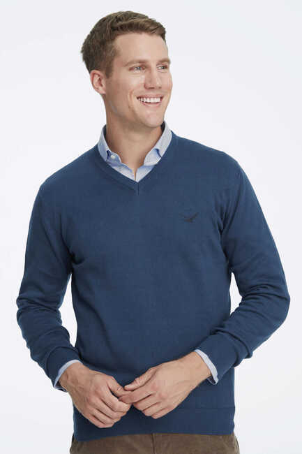 Petrol 100% Cotton V-Neck Sweater
