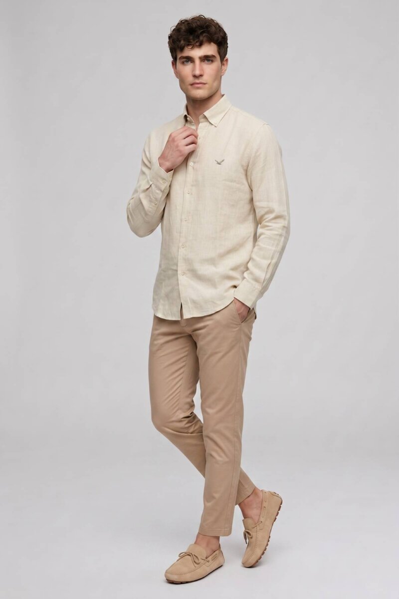 Bej %100 Keten Gömlek - 4