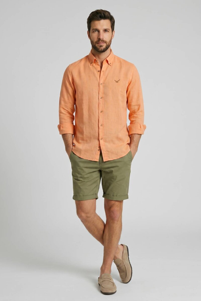 Kayısı Rengi %100 Keten Gömlek - 4