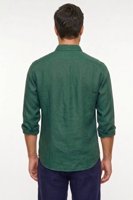 Koyu Yeşil %100 Keten Gömlek - 5