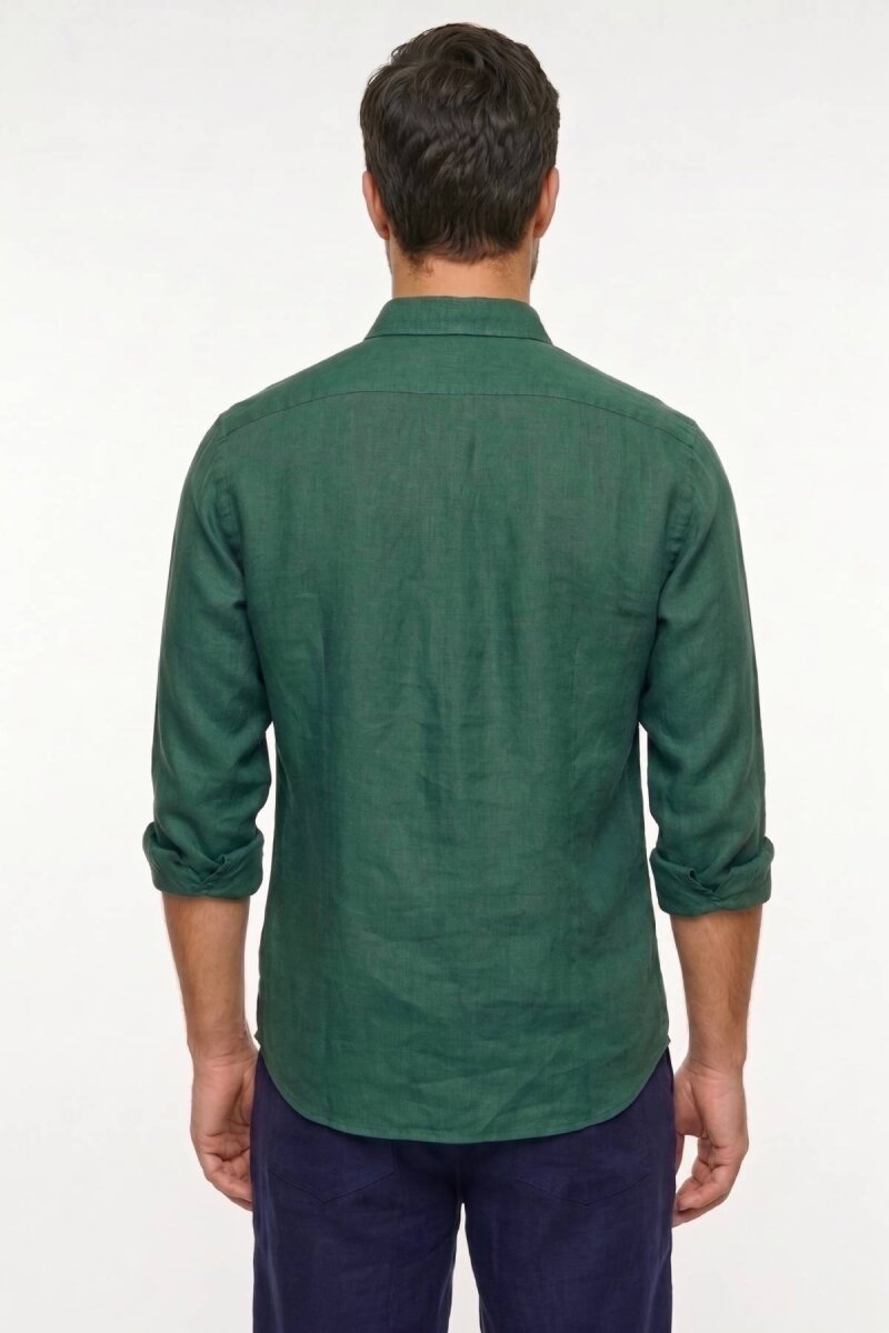 Koyu Yeşil %100 Keten Gömlek - 5