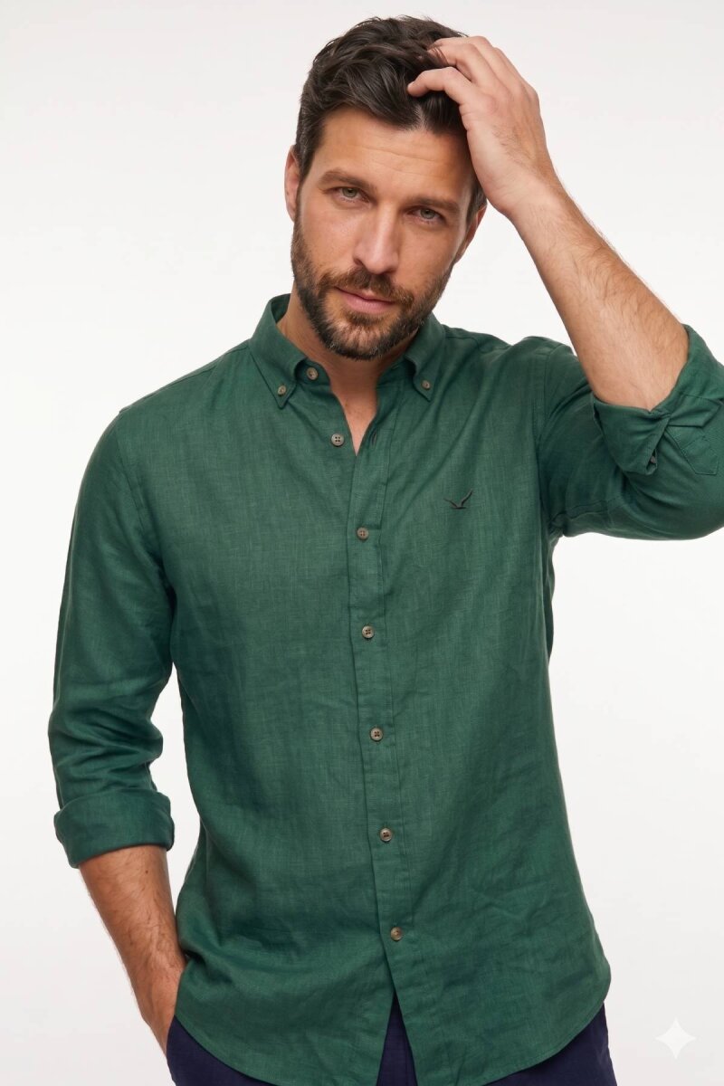 Koyu Yeşil %100 Keten Gömlek - 1