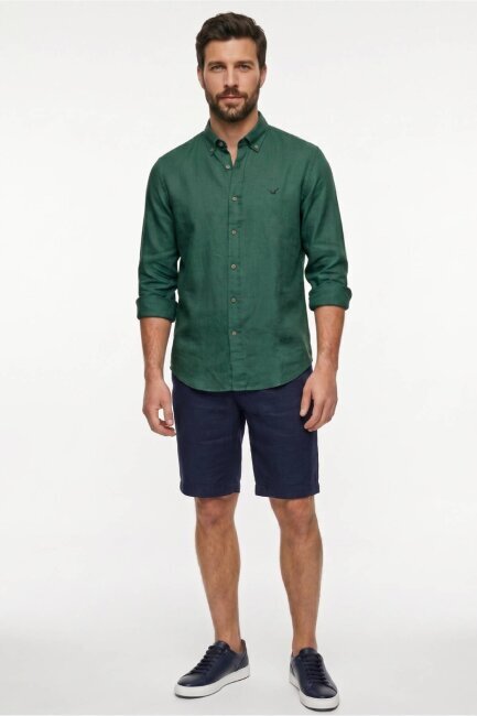 Koyu Yeşil %100 Keten Gömlek - 2