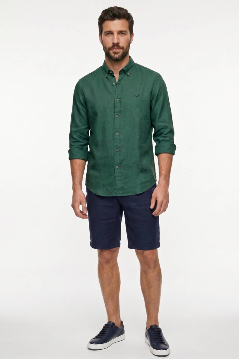 Koyu Yeşil %100 Keten Gömlek - 2