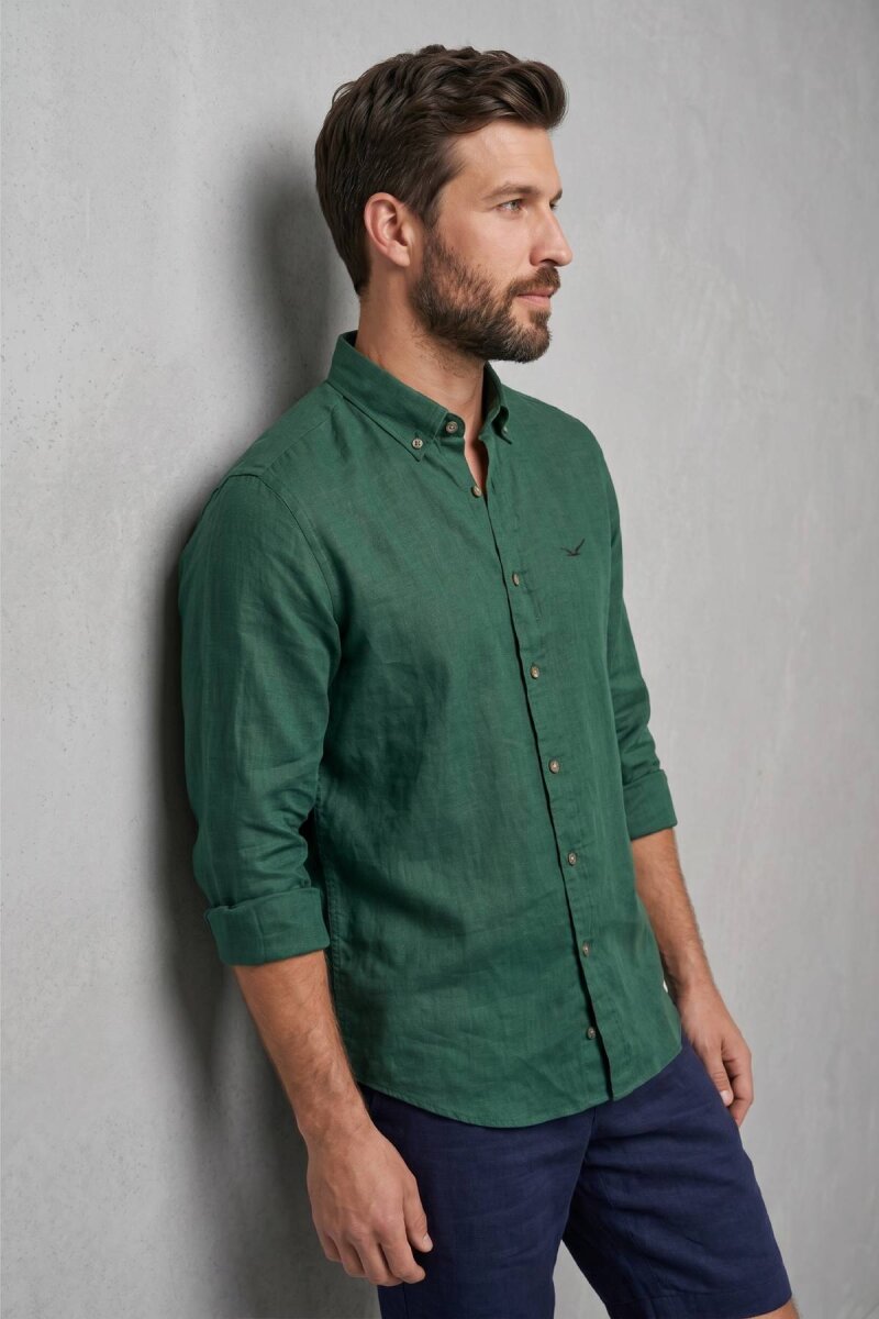Koyu Yeşil %100 Keten Gömlek - 4
