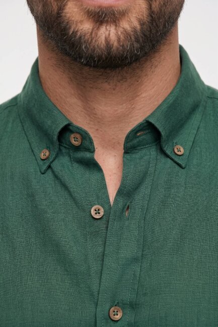 Koyu Yeşil %100 Keten Gömlek - 3