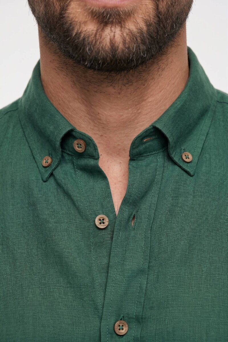 Koyu Yeşil %100 Keten Gömlek - 3
