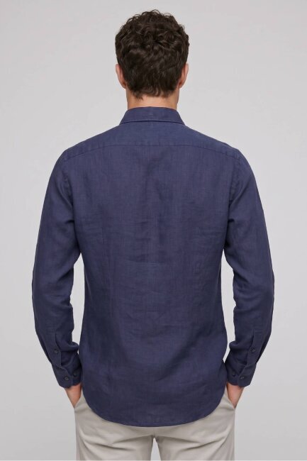 Lacivert %100 Keten Gömlek - 5