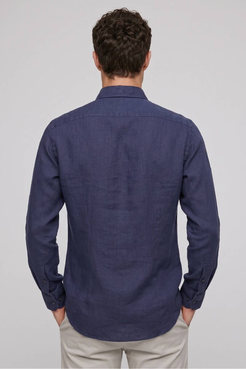 Lacivert %100 Keten Gömlek - 5