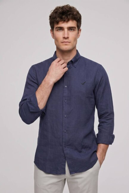 Lacivert %100 Keten Gömlek - 1