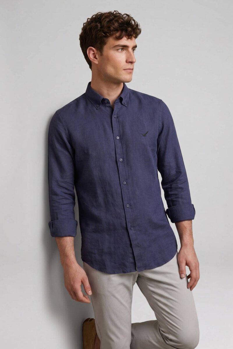 Lacivert %100 Keten Gömlek - 4