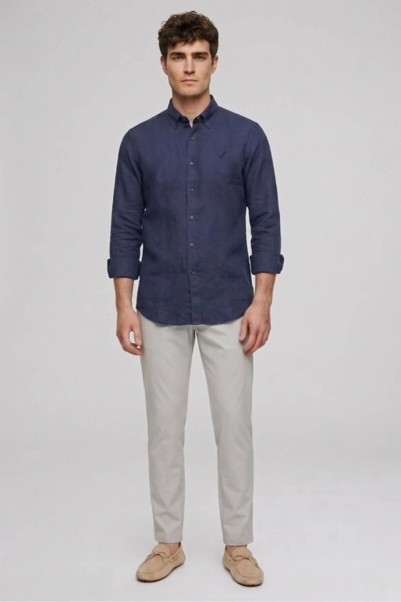 Lacivert %100 Keten Gömlek - 2
