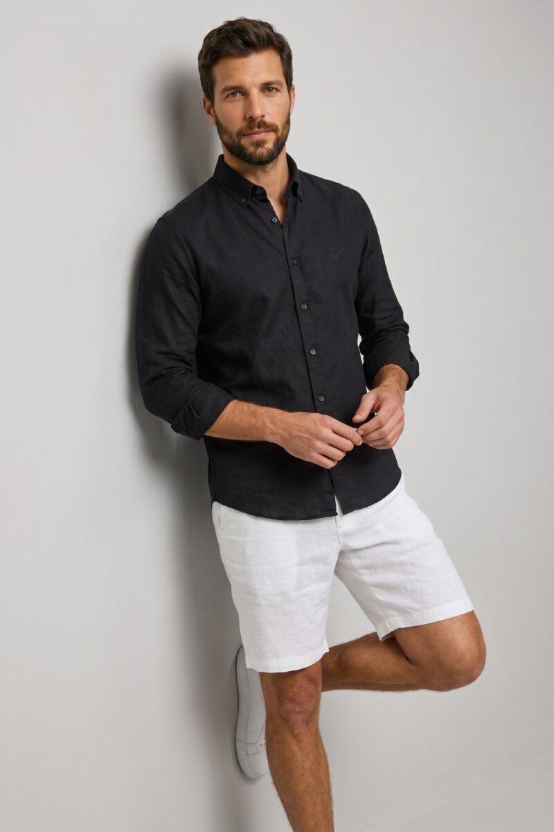 Siyah %100 Keten Gömlek - 1