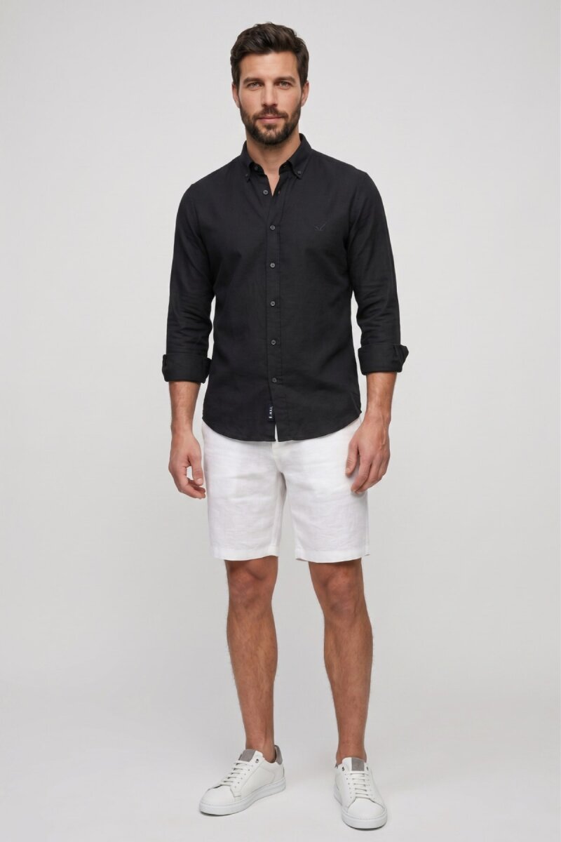 Siyah %100 Keten Gömlek - 3