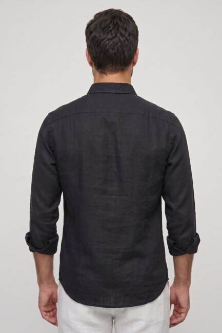 Siyah %100 Keten Gömlek - 4