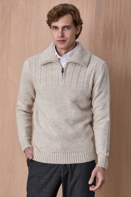 Bej Pamuklu Fermuarlı Kazak - 1