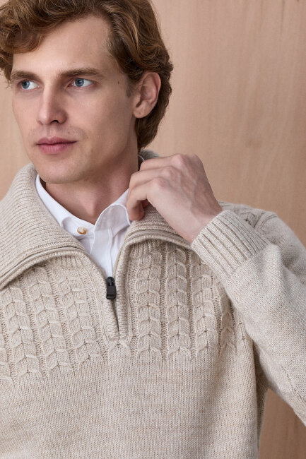 Bej Pamuklu Fermuarlı Kazak - 2