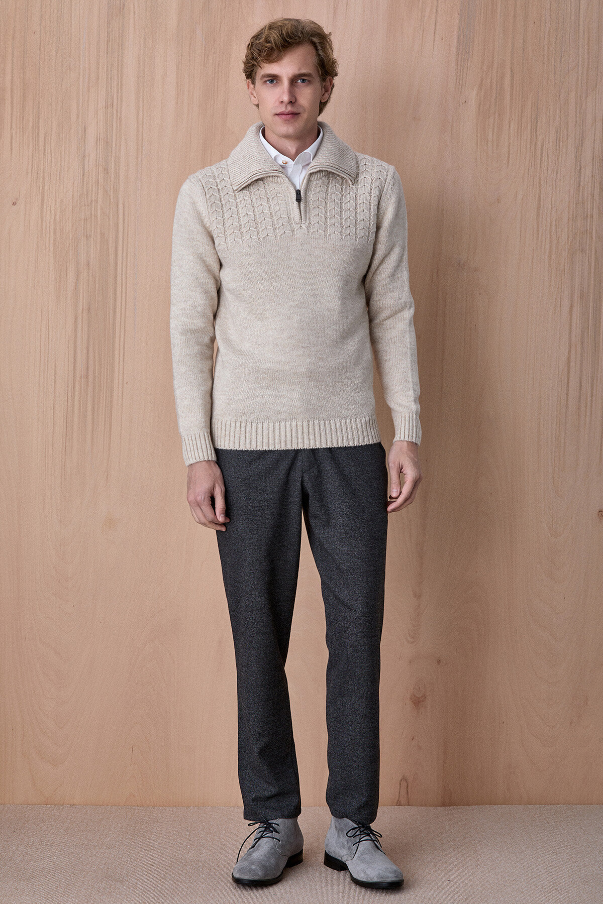 Bej Pamuklu Fermuarlı Kazak - 4