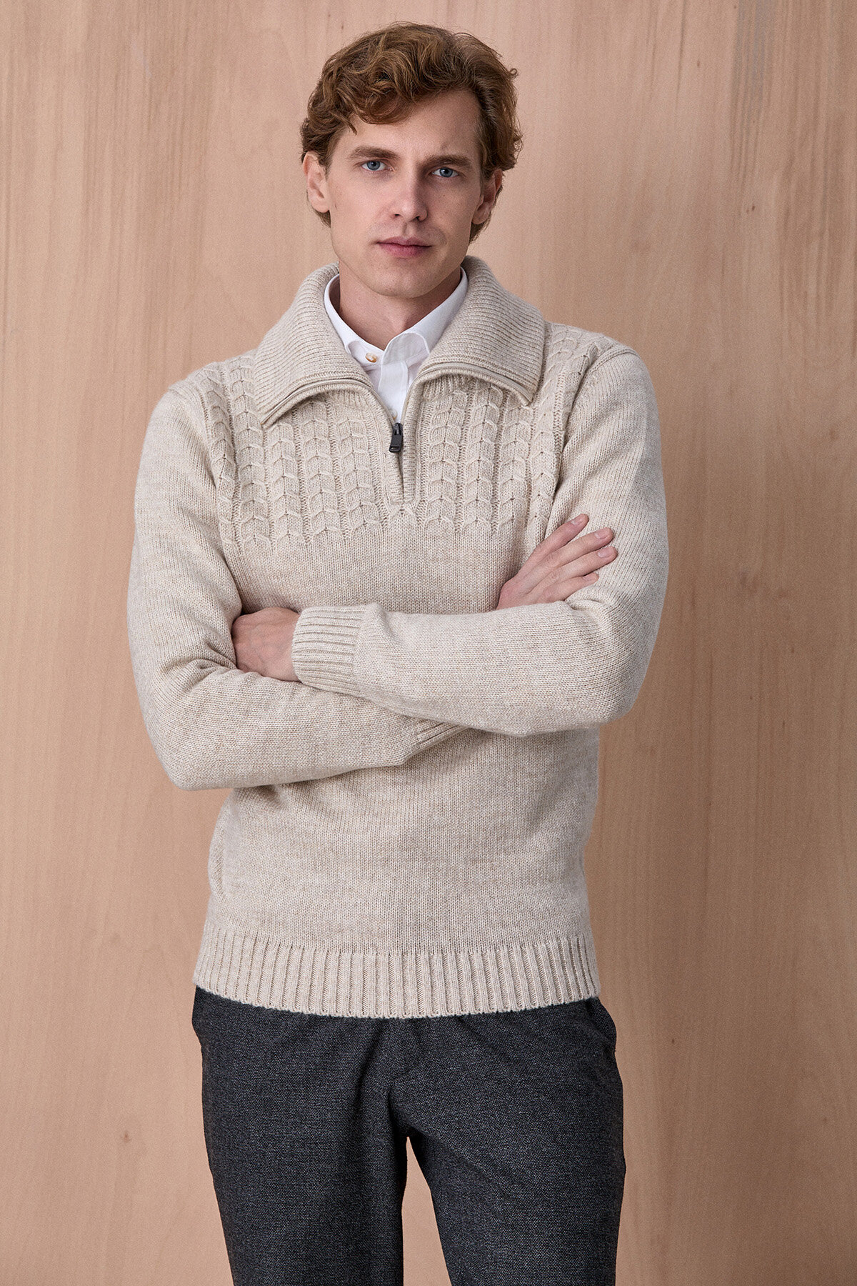 Bej Pamuklu Fermuarlı Kazak - 5