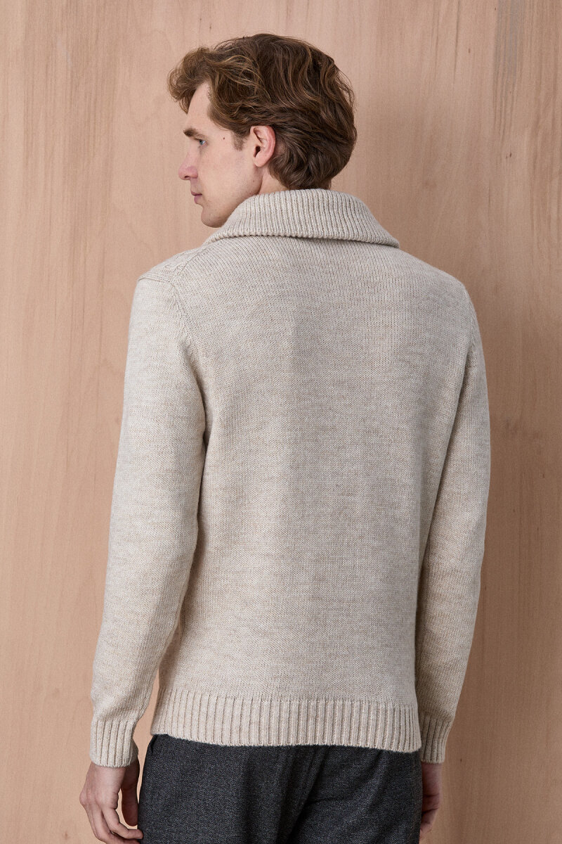 Bej Pamuklu Fermuarlı Kazak - 6