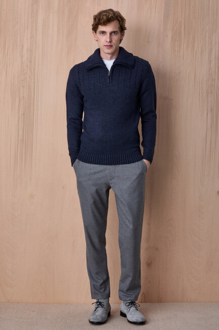 Lacivert Pamuklu Fermuarlı Kazak - 4