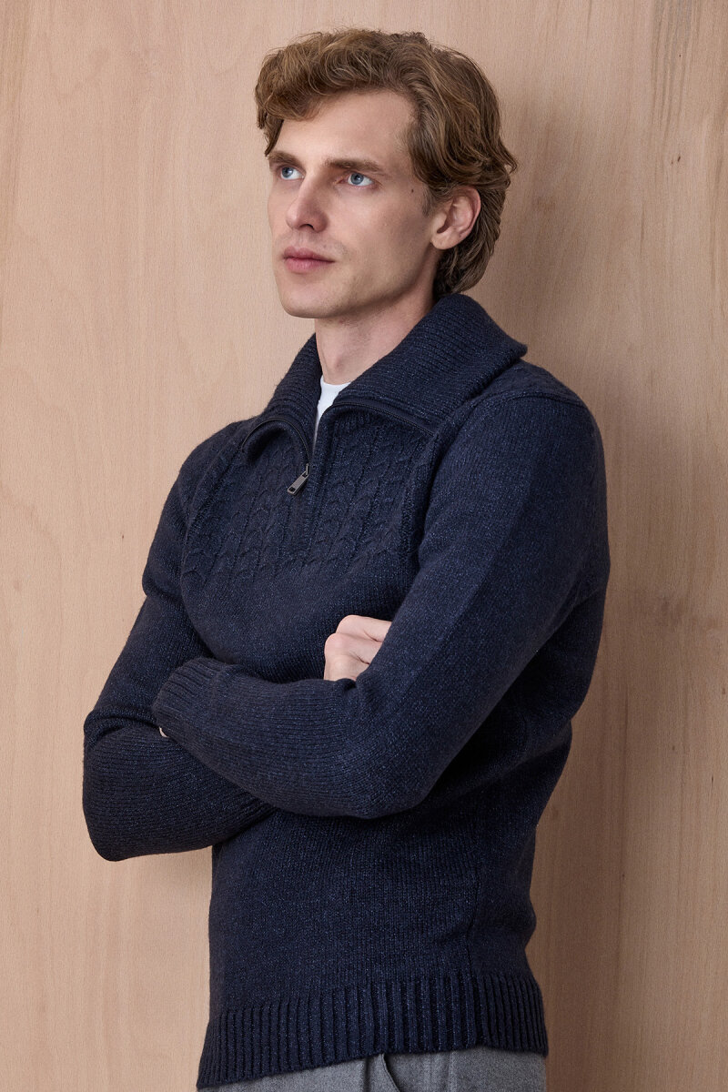 Lacivert Pamuklu Fermuarlı Kazak - 5