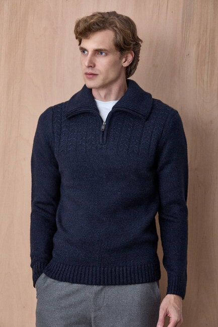 Lacivert Pamuklu Fermuarlı Kazak - 6