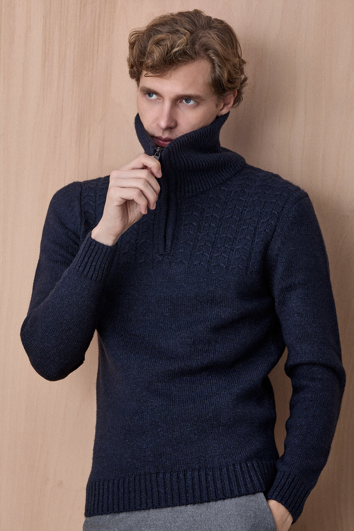 Lacivert Pamuklu Fermuarlı Kazak - 1