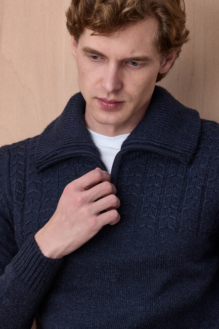 Lacivert Pamuklu Fermuarlı Kazak - 3