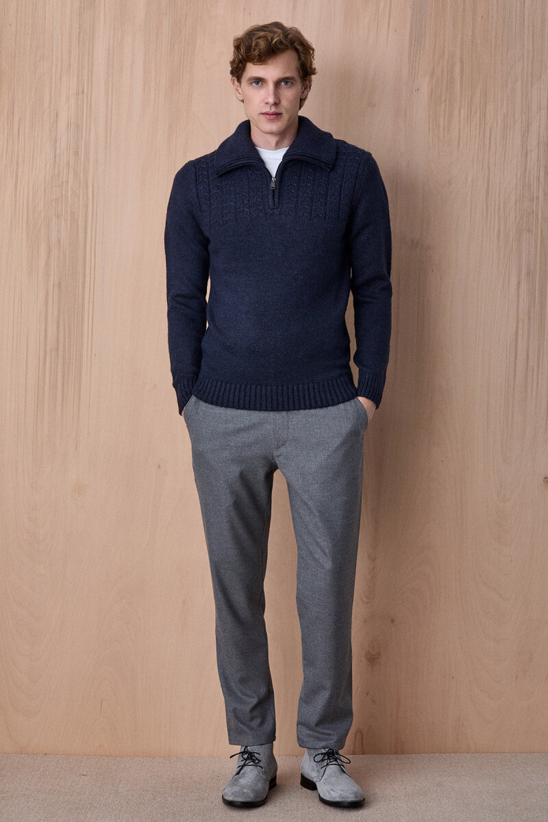 Lacivert Pamuklu Fermuarlı Kazak - 4