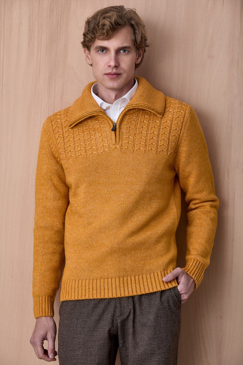 Sarı Pamuklu Fermuarlı Kazak - 3