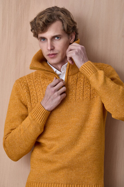 Sarı Pamuklu Fermuarlı Kazak - 4