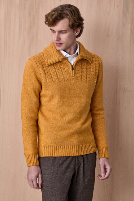 Sarı Pamuklu Fermuarlı Kazak - 5