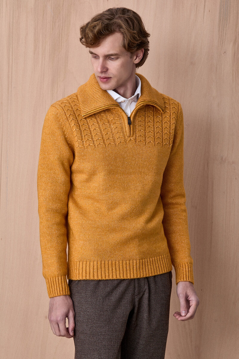 Sarı Pamuklu Fermuarlı Kazak - 5