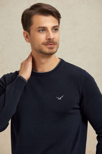 Navy Blue 100% Cotton Round Neck Sweater - 3