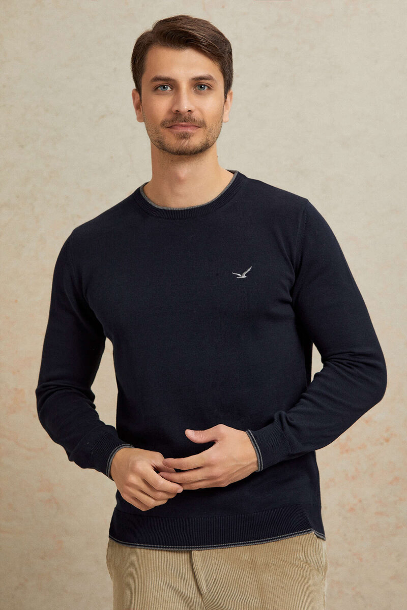 Navy Blue 100% Cotton Round Neck Sweater - 4