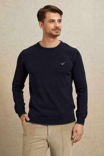 Navy Blue 100% Cotton Round Neck Sweater - 5