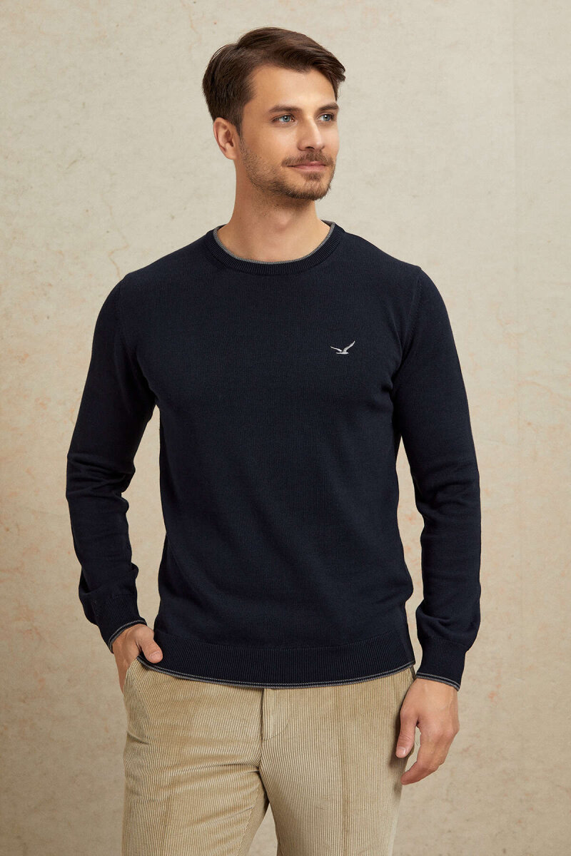 Navy Blue 100% Cotton Round Neck Sweater - 5